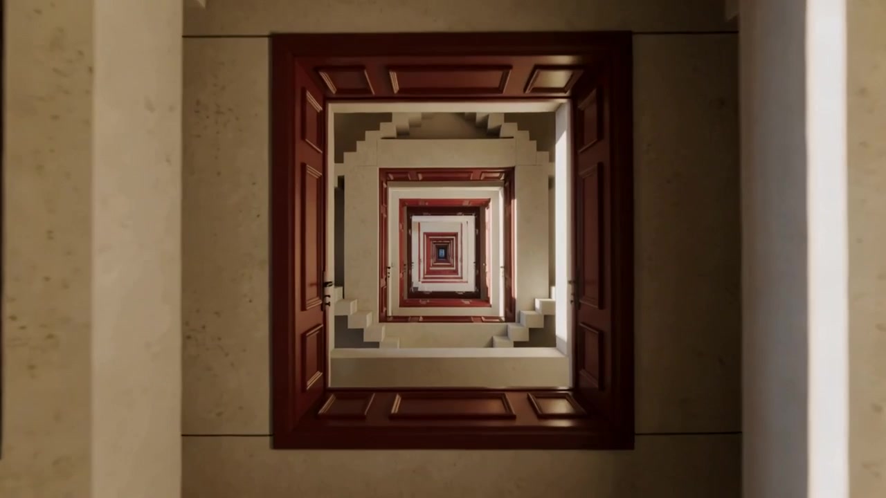 Câmera em movimento girando, revelando quadros aninhados em um poço, expondo geometria, portas vermelhas e rosas, degraus.