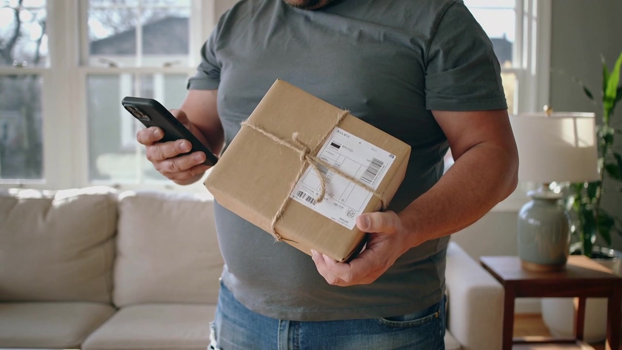 Homem verificando o telefone para a entrega, inclinando-se e firmando um pacote amarrado na sala de estar, de camiseta e jeans.