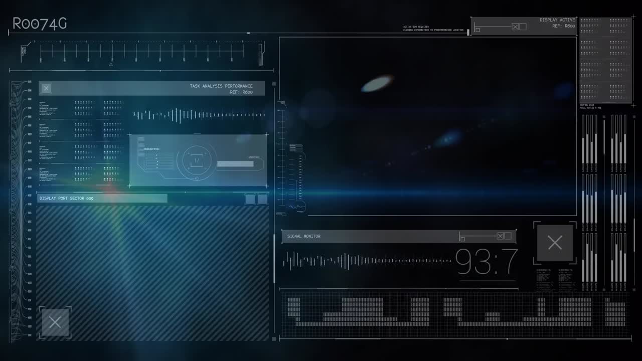 animación del procesamiento de datos y pantalla sobre fondo azul