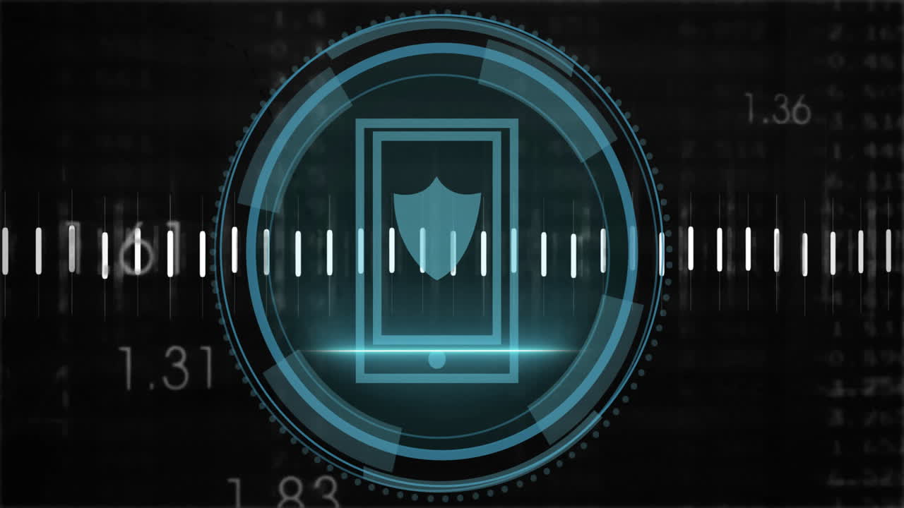 Digital security shield icon over smartphone with data processing animation