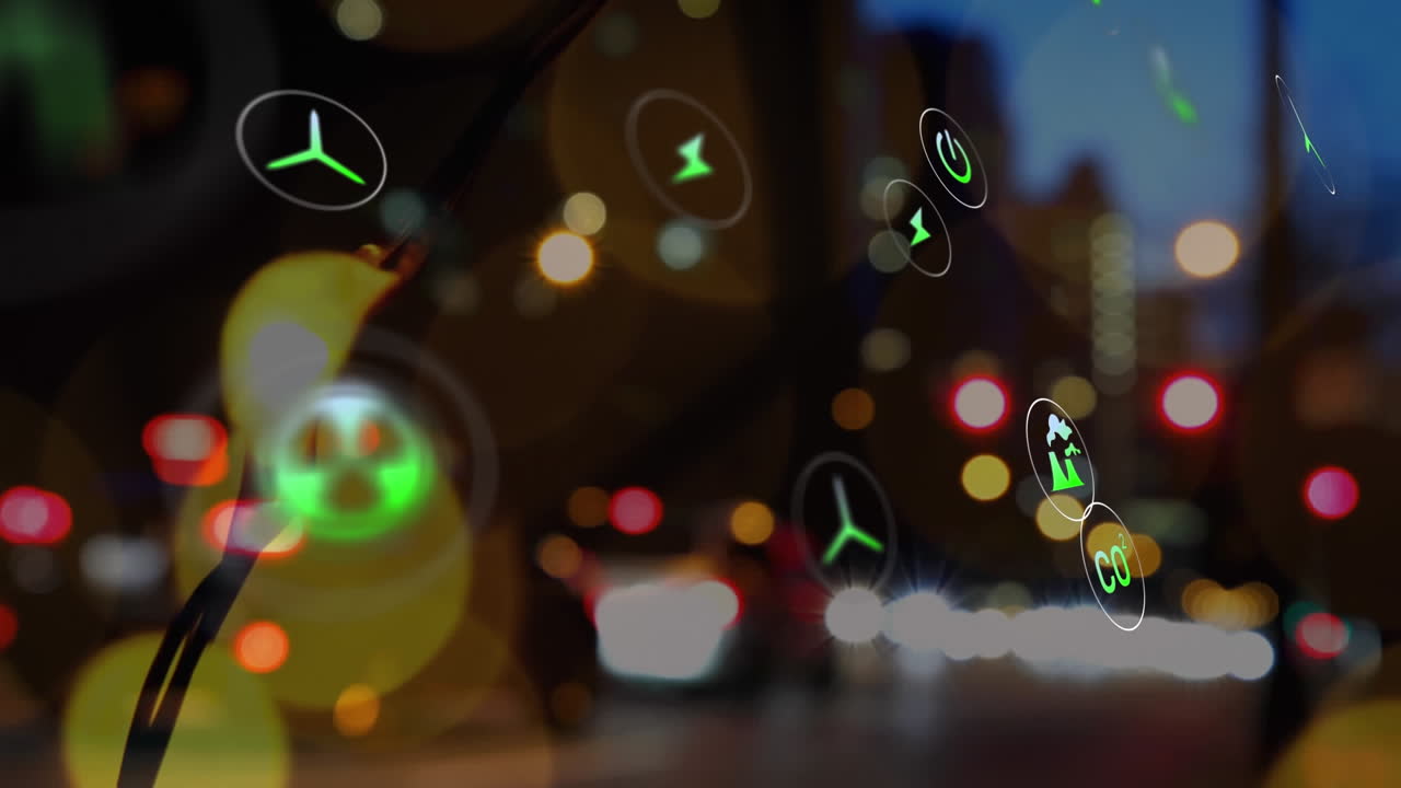 animación de iconos en círculos sobre luces de lente contra vehículos en movimiento en la calle de la ciudad.