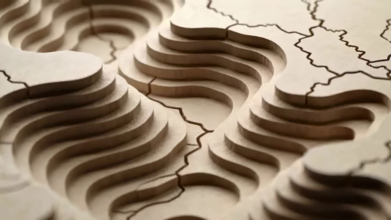 Panning rig starting right-down over bench, revealing laser-cut stacked plywood with burned lines
