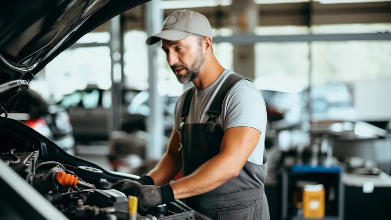 Meccanico professionista che lavora sul motore di un'auto in un'officina