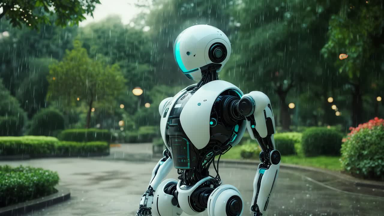 un robot elegante en un parque lluvioso