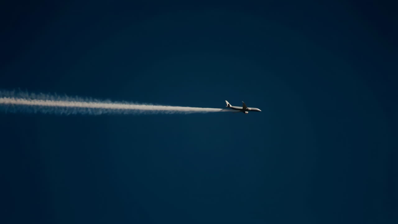 Airplane with contrail flying in a deep blue sky