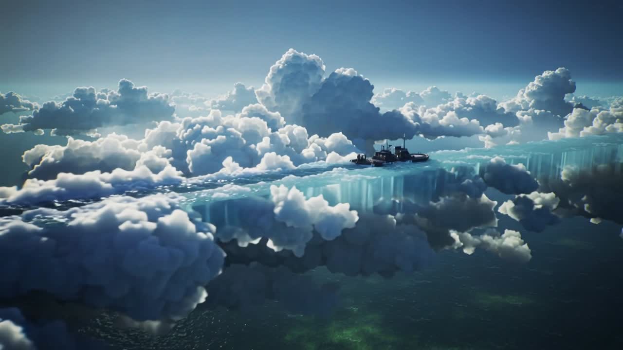 Telecamera che esegue una panoramica ravvicinata su una striscia di nuvole, rivelando una nave e il bordo di una cascata per una dimostrazione di effetti visivi.