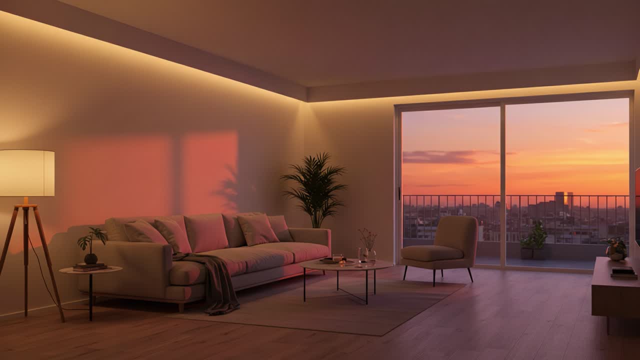 Transforming Home Ambiance: A Cozy Living Room Bathed in Warm Sunset Light with Chic Furnishings Offering a Tranquil Evening Atmosphere