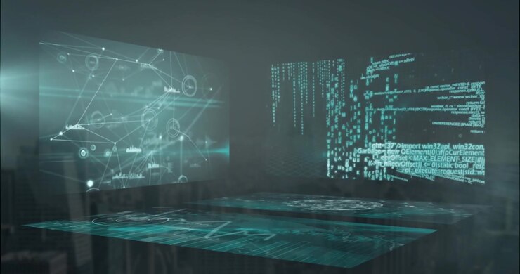 Animation of screens with data processing over dark background