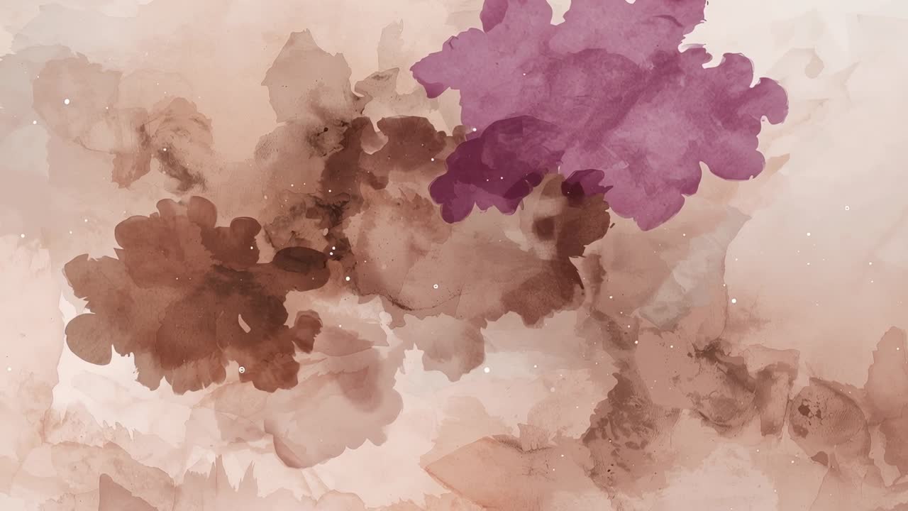 Filling paper canvas, brown blotches and magenta blotch expanding, blending, showing white speckles