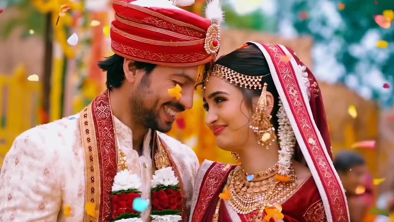 Joyful wedding video scene, close-up angle, vibrant colors, capturing a couple's happiness