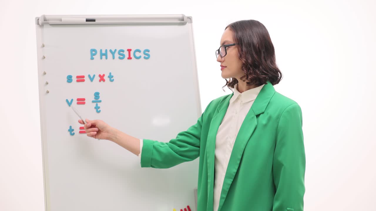 Physics teacher explaining equations on a whiteboard