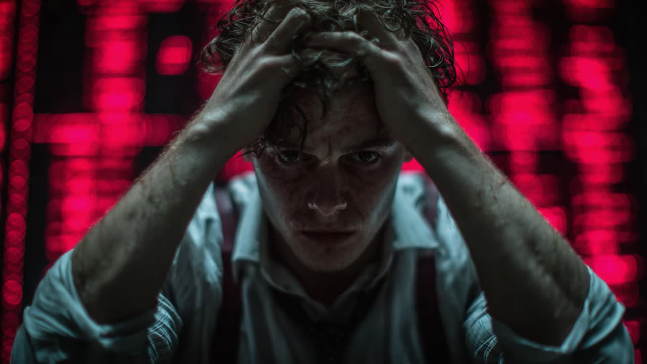 A distressed individual grapples with overwhelming emotions, surrounded by an abstract backdrop of red digital data, symbolizing confusion and tension in a chaotic environment