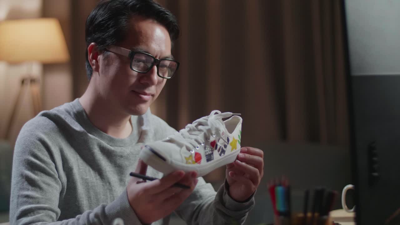 데스크 컴퓨터를 들고 다채로운 패턴의 스니커를 바라보는 아시아 남성 신발 디자이너의 클로즈업