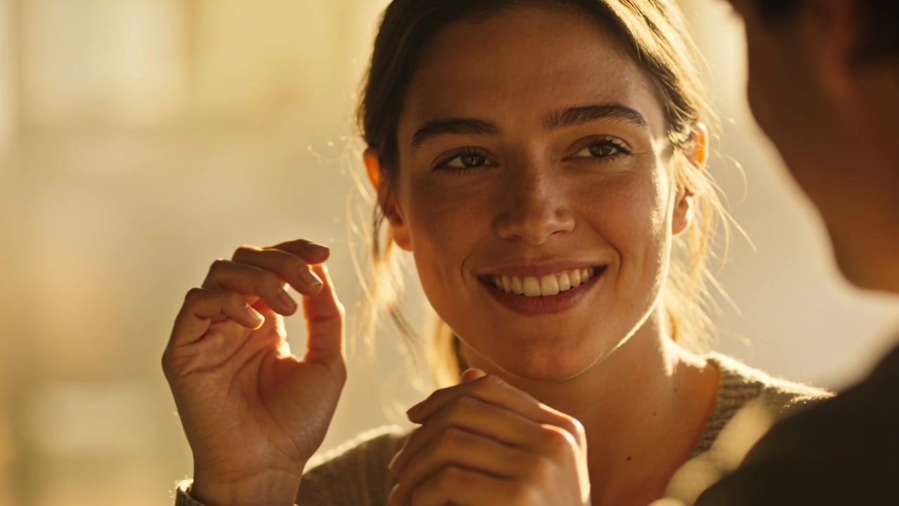 Femme souriante en pull léger en tricot répondant à un homme qui parle dans une maison ensoleillée, montrant la paume de sa main.