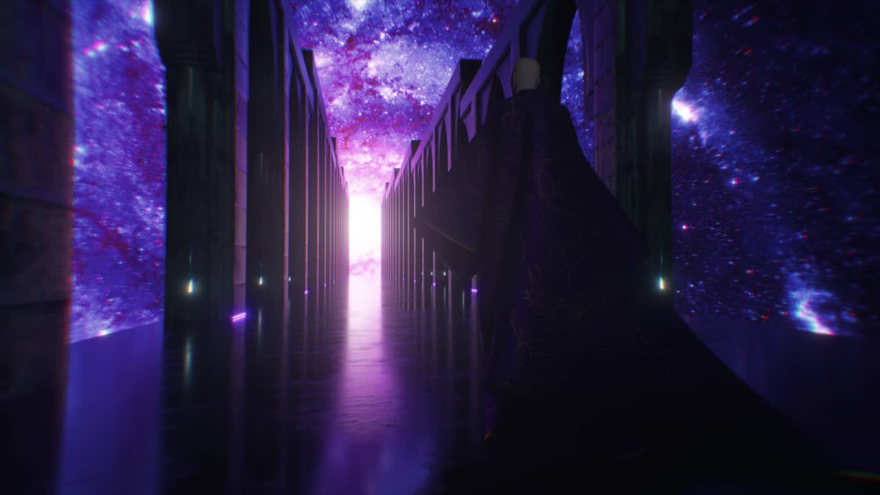 코스 터널을 내려가는 망토를 입은 여자