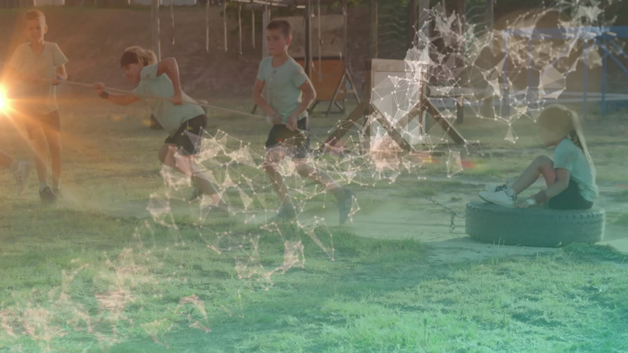 Playing in yard, children interacting with digital network animation overlay