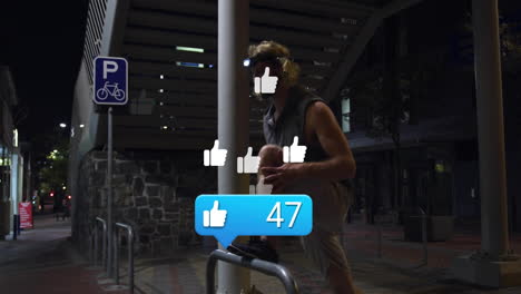 man exercising outdoors with social media likes animation over scene