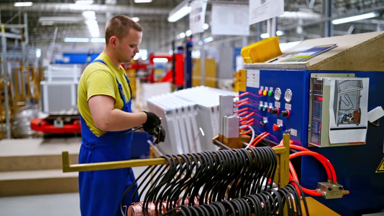Male worker at factory. Worker doing his job on robotic factory line