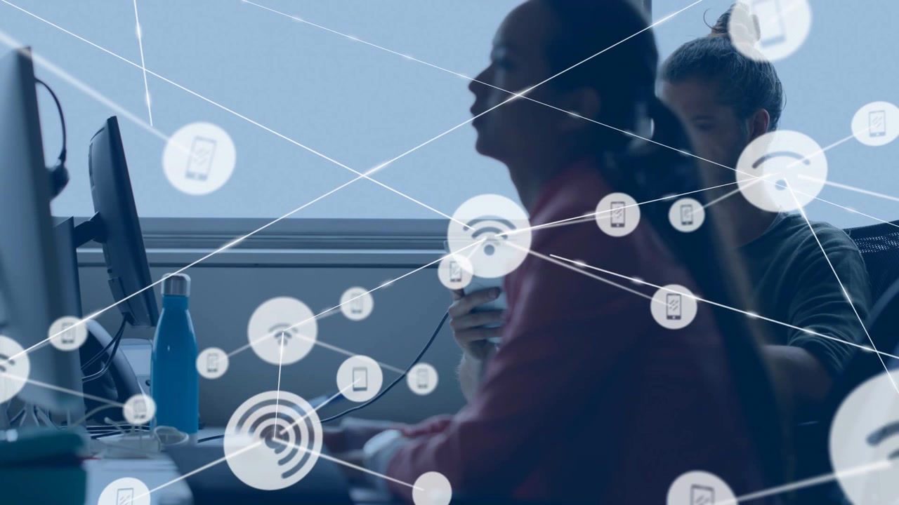 Woman pausing typing, reaching cup, man working as icon appearing and illustrating tech network
