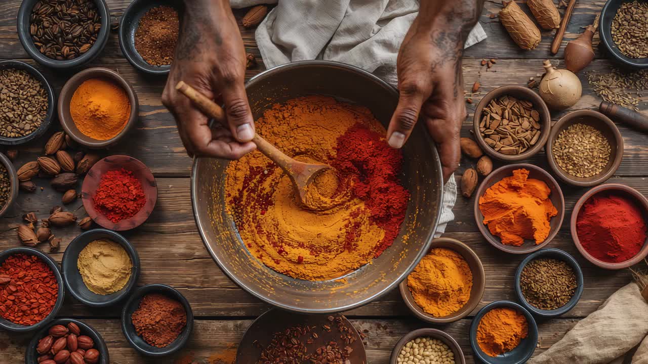 Mani tatuate che mescolano spezie rosse in una ciotola con un cucchiaio di legno in cucina per una miscela di spezie