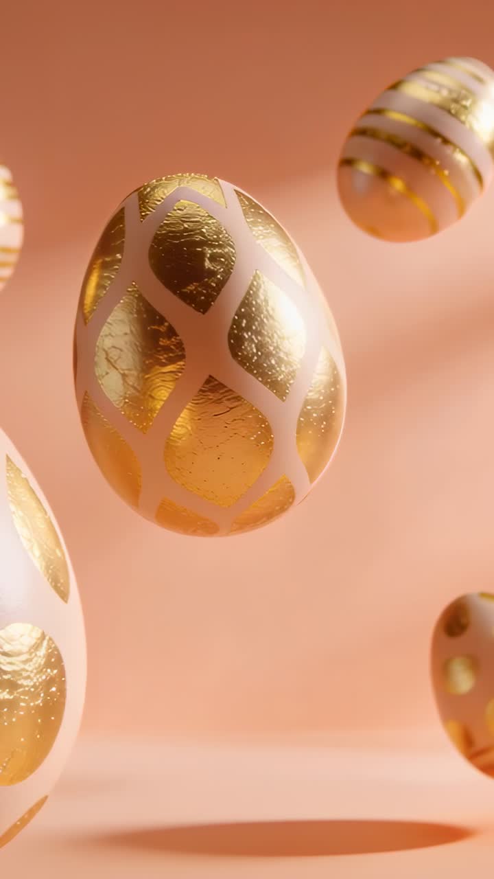 Vertical video: Camera shifting, pink egg rotating, revealing gold foil on peach set, eggs drifting