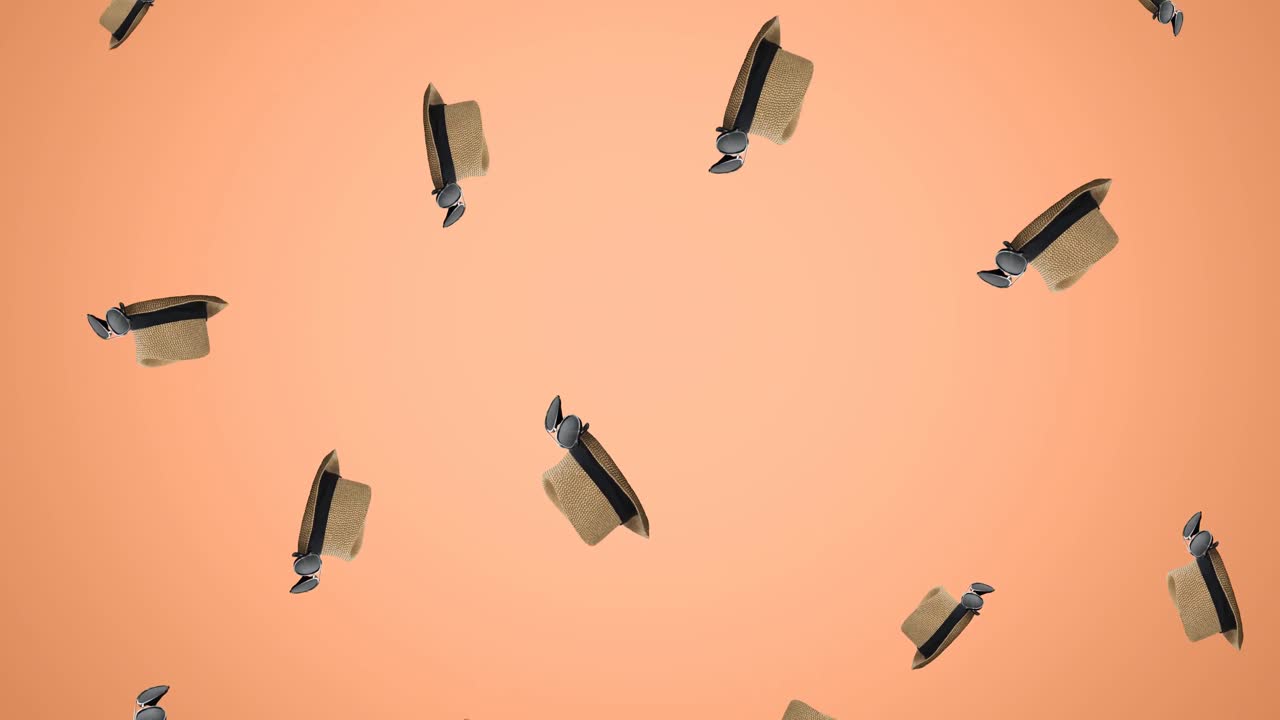 Animation of hats with ribbon falling on red background