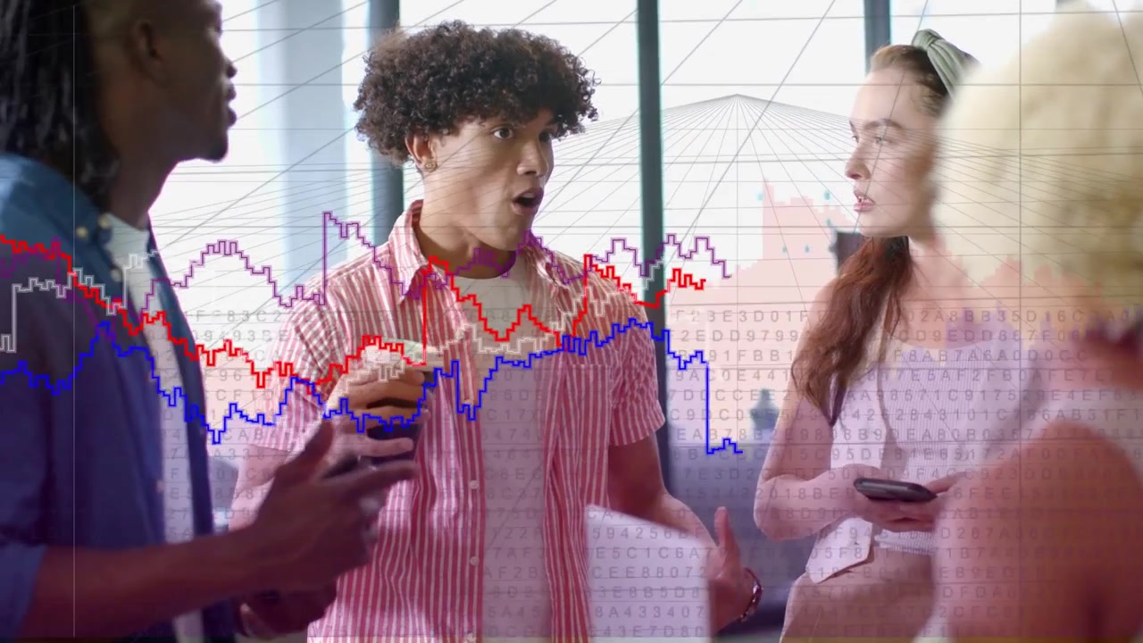Curly haired man starting business pitch holding coffee, colleagues watching as charts overlaying