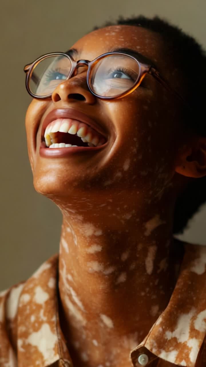 Joyful Expression of Happiness Captured in a Close-Up Portrait Highlighting Unique Skin Patterns and Glasses with a Warm Smile and Bright Eyes