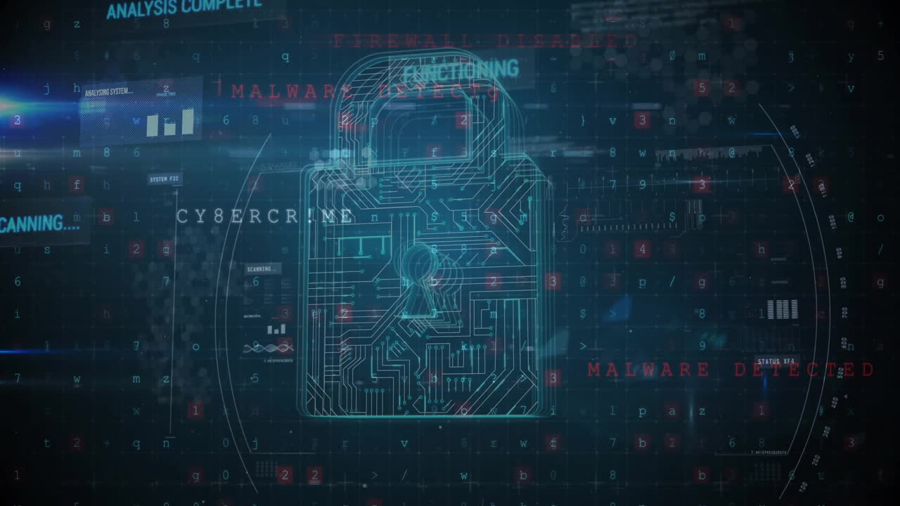 Animation of cybercrime, digital security text and padlock network over processing data on black