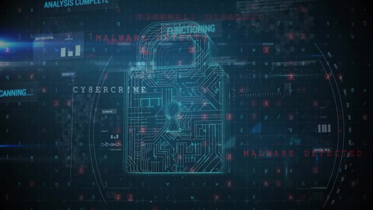 Animation of cybercrime, digital security text and padlock network over processing data on black