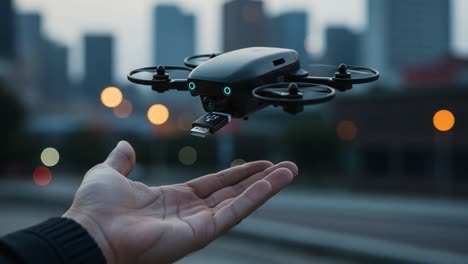 a hand extends to receive a remarkable drone, showcasing advanced technology in urban settings at dusk, highlighting innovation and the future of personal flying devices