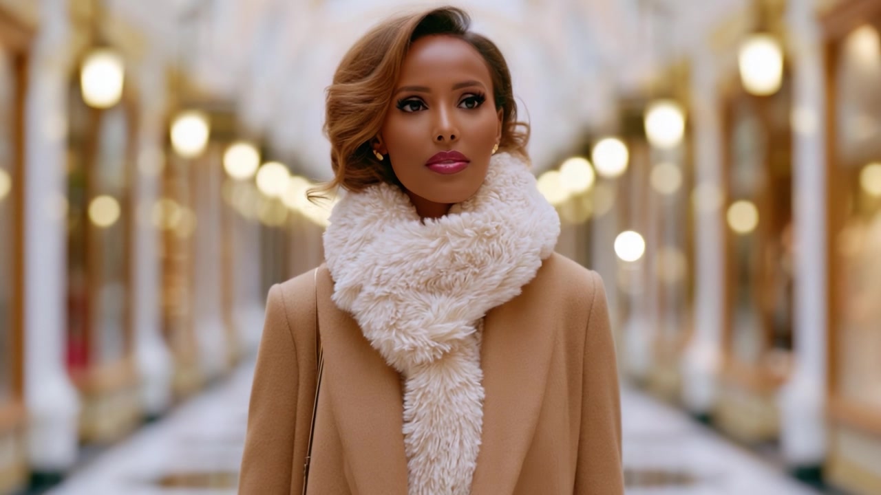 Elegant Fashion Portrait: A Woman with Graceful Features Dressed in Chic Outerwear, Capturing the Essence of Style and Poise in a Luxurious Surrounding.