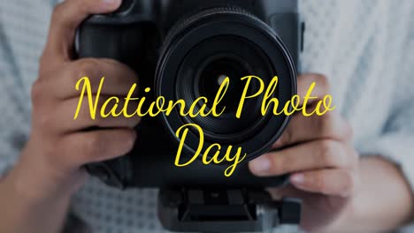 animation of caucasian woman holding camera over national photo day text