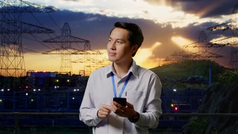 asian male professional worker standing with his smartphone near high voltage tower, industrial facility, he observes by looking around before he come to concentrating with his smartphone