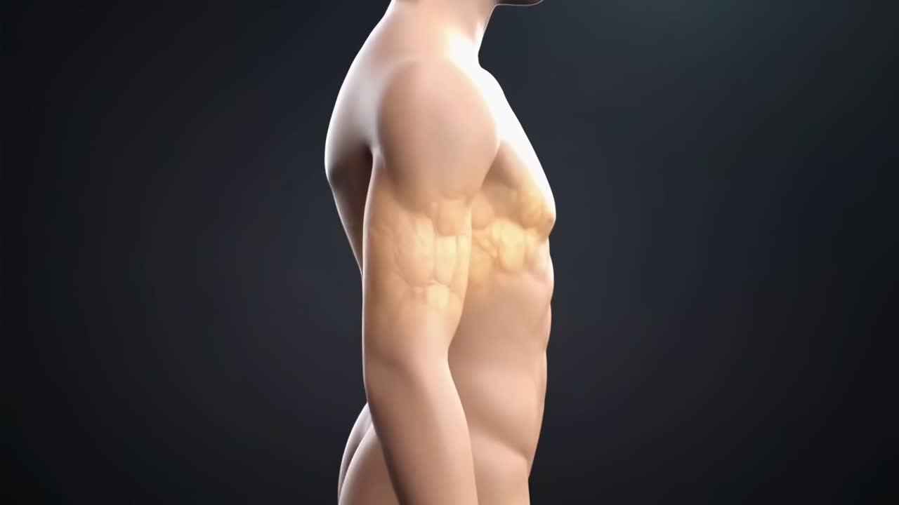 3D anatomical video of a muscular human back, side angle, highlighting muscle structure