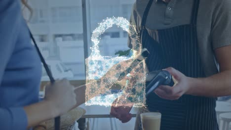 animation of network security padlock over people using payment terminal