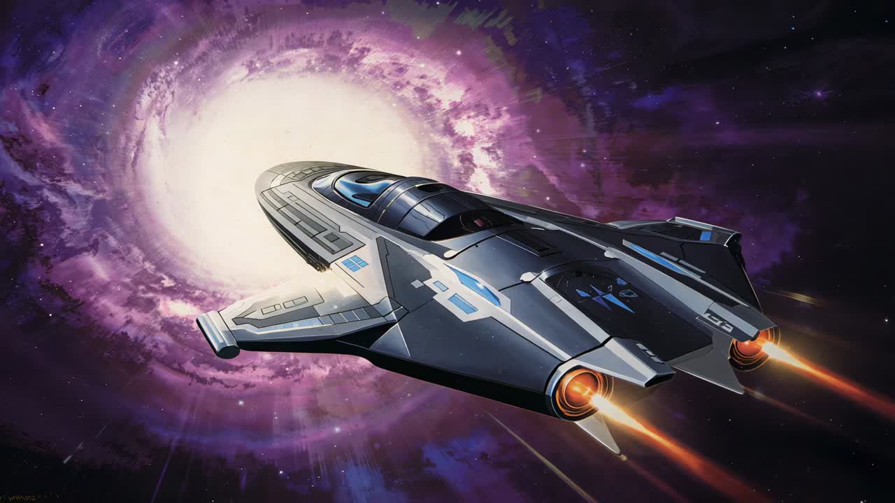 Igniting engines, sleek ship accelerating toward viewer in front of bright vortex