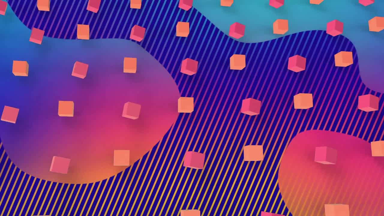 animación de múltiples cubos y manchas que se mueven en movimiento hipnótico sobre un fondo a rayas