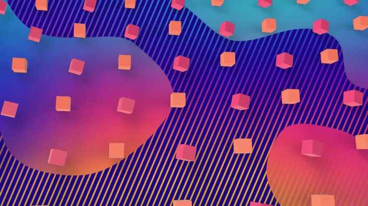 Animazione di cubi e forme amorfe multiple in movimento ipnotico su sfondo a strisce