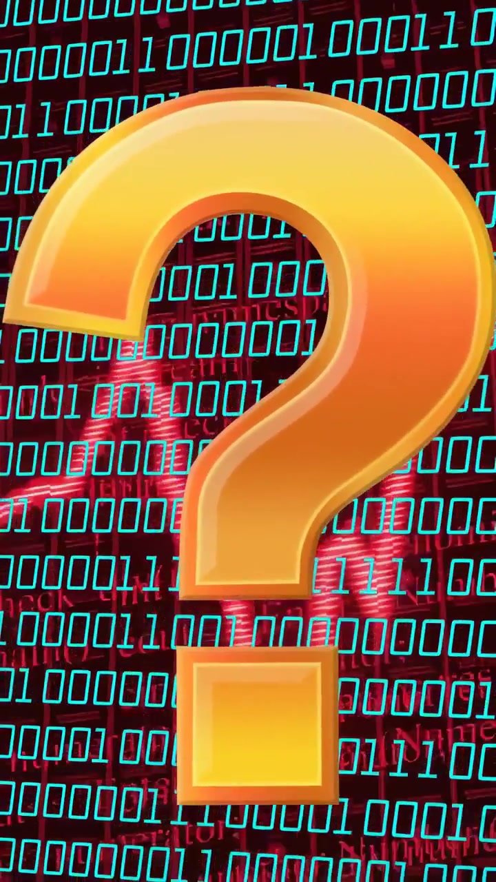 Vertical video: Gold question mark entering frame 3 over cyan 01 grid moving center hiding red form
