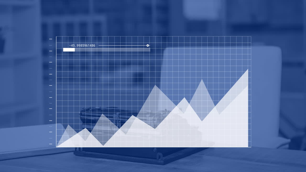 Animation af finansiel databehandling over et skrivebord på et kontor