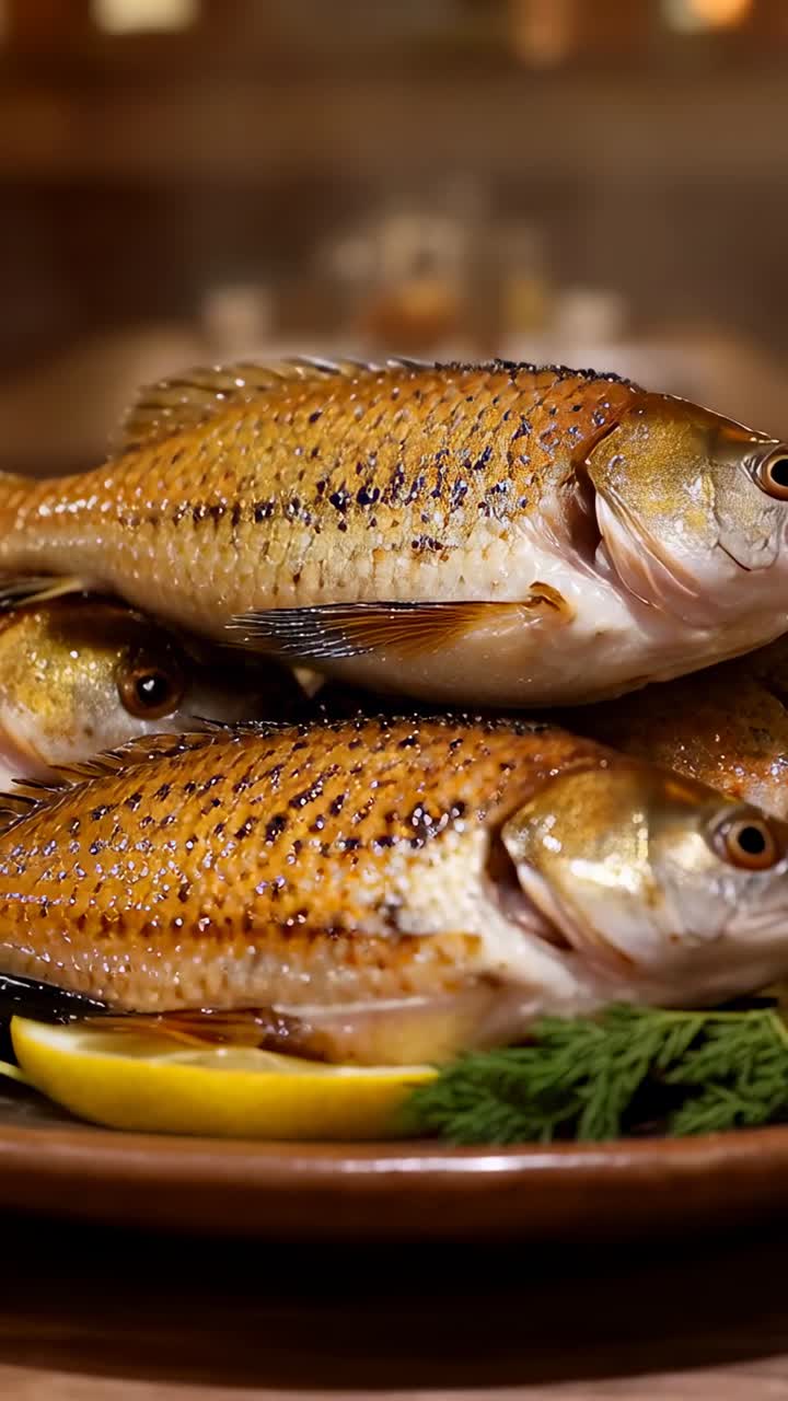 Vídeo vertical: plano que se aleja mostrando tres pescados a la parrilla apilados en un plato, limón y eneldo en la mesa
