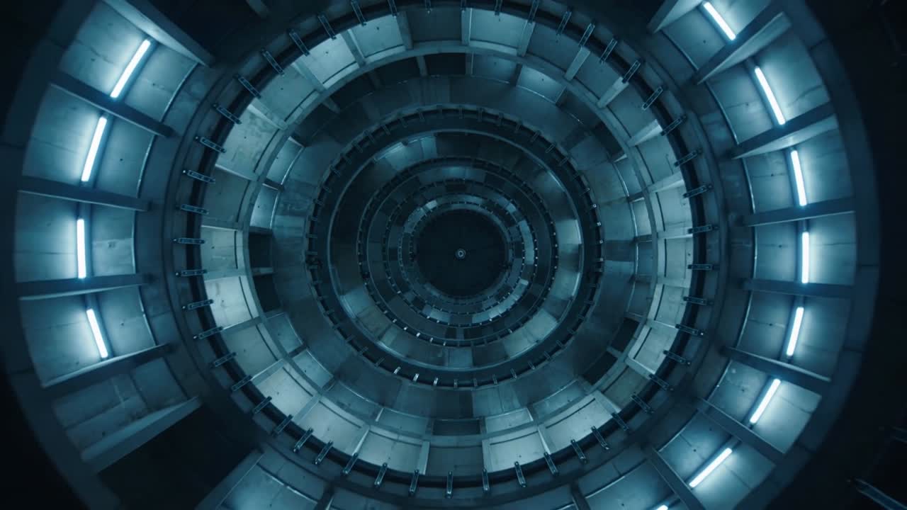 Telecamera che si ritira ruotando all'indietro, mostrando anelli concentrici nell'asse e una simmetria con il cappuccio e i LED.