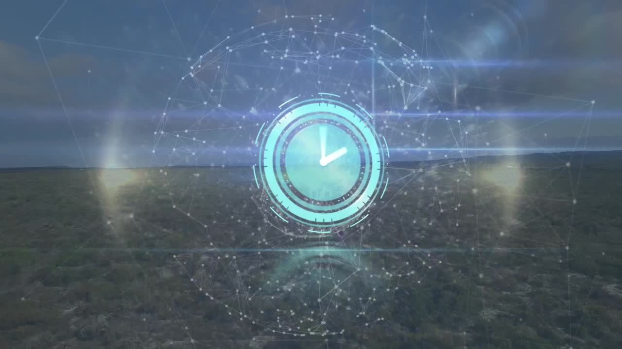 움직이는 시계와 풍경에 대한 연결 네트워크의 애니메이션