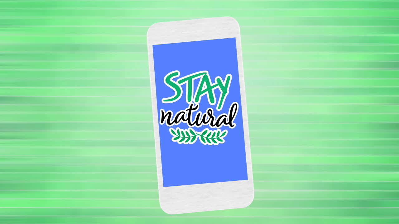 푸른 스마트폰 화면에 녹색 배경에 자연 텍스트와 잎 로고의 애니메이션