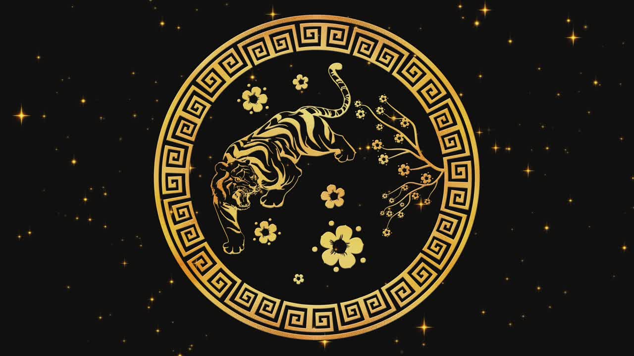 feliz año nuevo chino 2022, signo del zodiaco tigre en fondo negro con estrellas doradas. festivales chinos. animación de video 4k. feliz año nuevo 2022, año del tigre