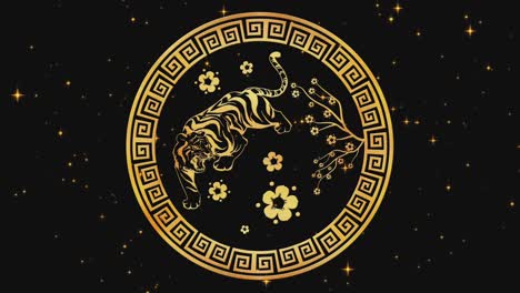 happy chinese new year 2022, zodiac sign tiger on black background with gold stars. chinese festivals. 4k video animation. happy new year 2022, year of the tiger