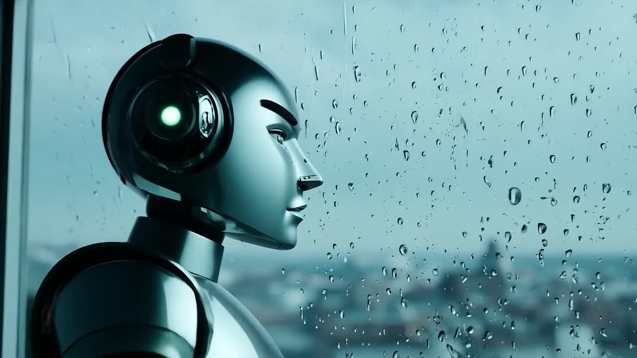 robot en una ventana en un día de lluvia