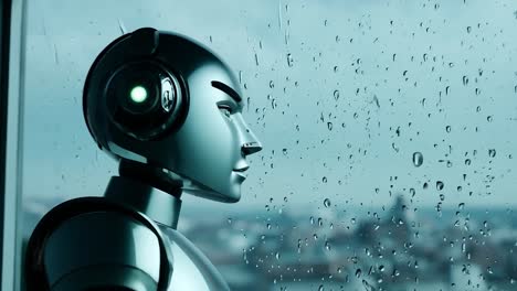 robot at a window on a rainy day