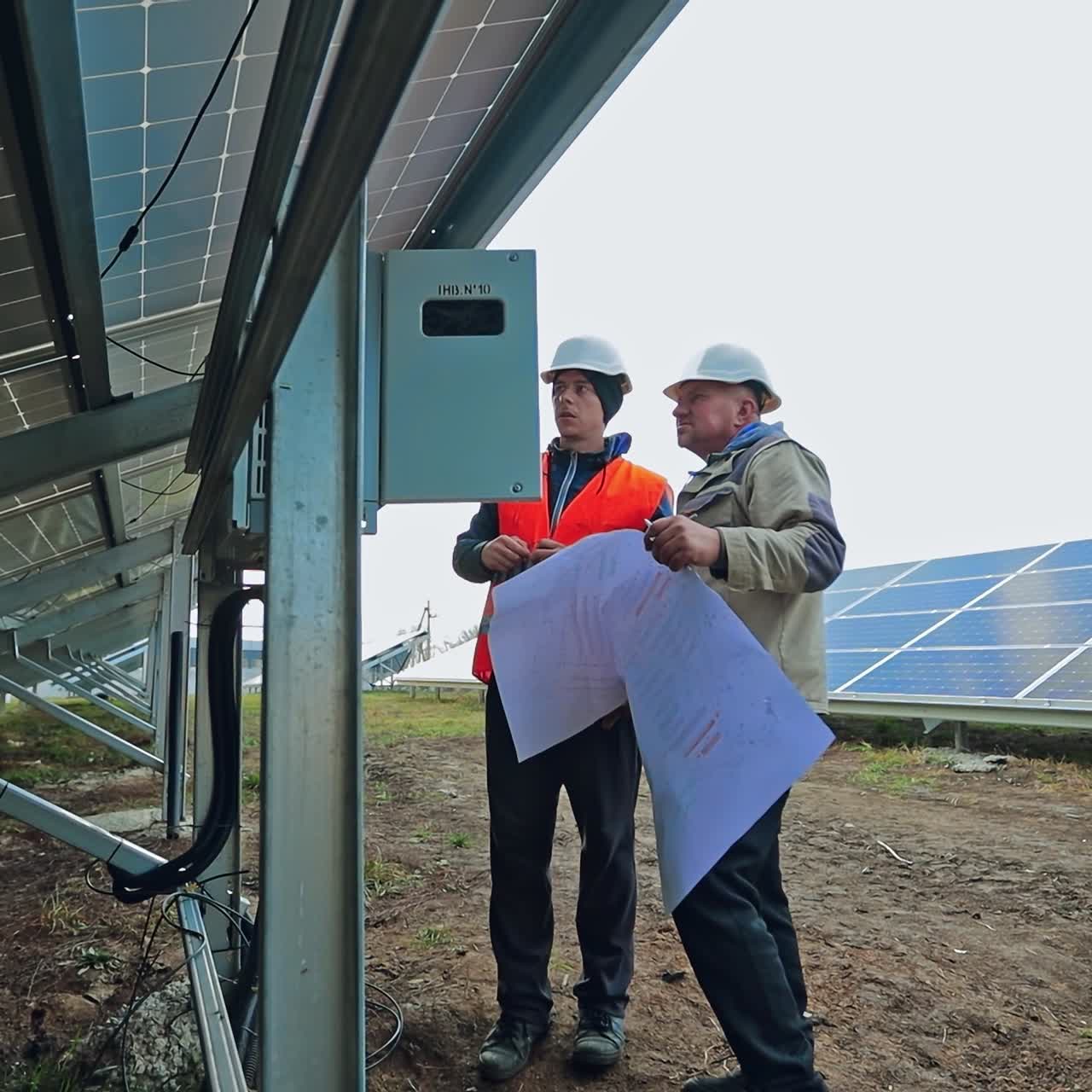 Workers installing photovoltaic panels. Technicians install the electrical system of sunny battery. View under the solar battery.